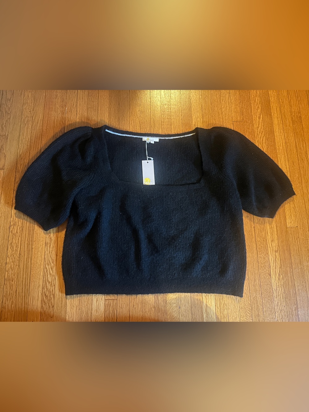 Boden Retro Black Puff Sleeve Fuzzy Black Square Neck Pullover sweater, Size XL